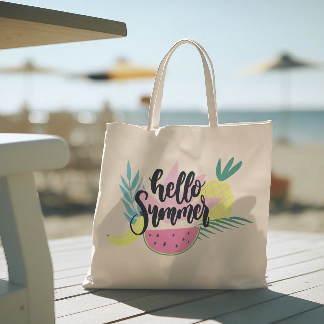 Hallo Sommer mit Flamingo Tropical Tote Tasche (hello summer, beach tote bag, vacation tote bag, school tote bag, colorful typography, gift for her)