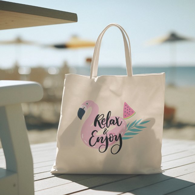 Hallo Sommer mit Flamingo Tropical Tragetasche (hello summer, beach tote bag, vacation tote bag, school tote bag, colorful typography, gift for her)