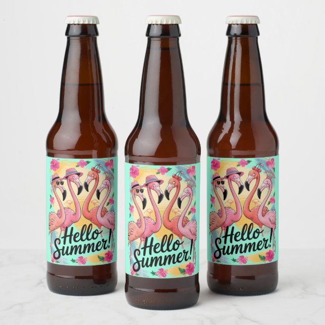 Hallo Sommer Niedlich Flamingo Beach Urlaub Tropic Bierflaschenetikett (Flaschen)