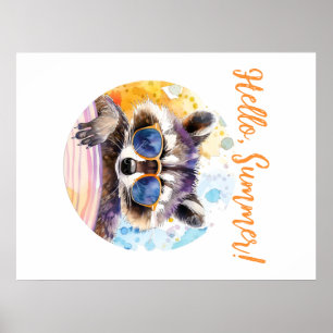 Hallo Sommer Raccoon in Sonnenbrille Wasserfarbe Poster