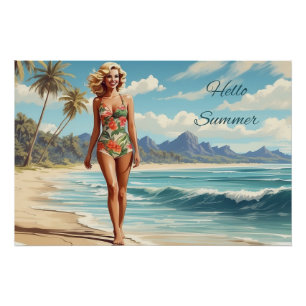 Hallo Sommer Retro-Dame beim Spaziergang am Strand Poster