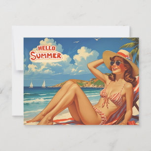 Hallo Sommer Retro Frau am Strand  Postkarte