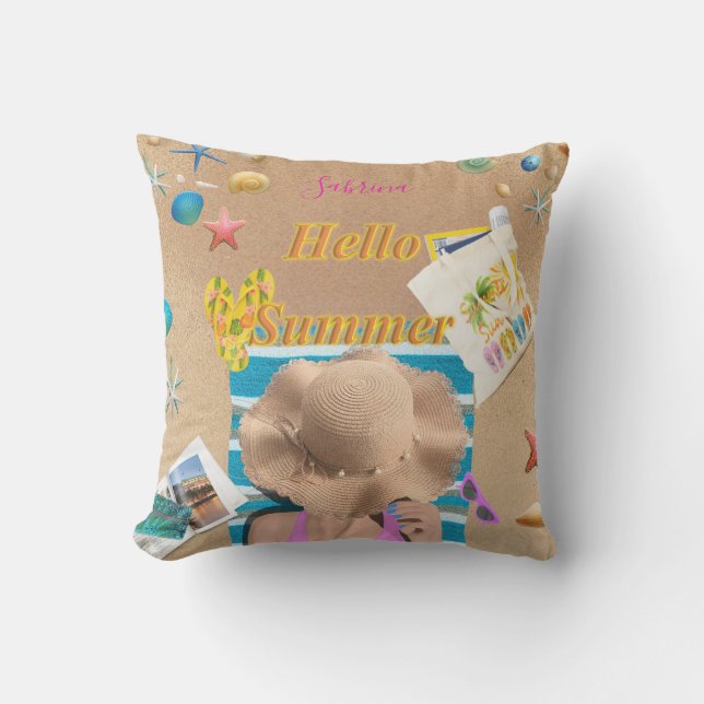 Hallo Sommer Spaß Beach Sea Seashells Personalisie Kissen (Vorderseite)