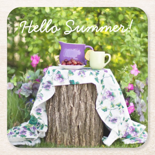 Hallo Sommer Tee und Pflaumen im Garten Rechteckiger Pappuntersetzer (Vorderseite)