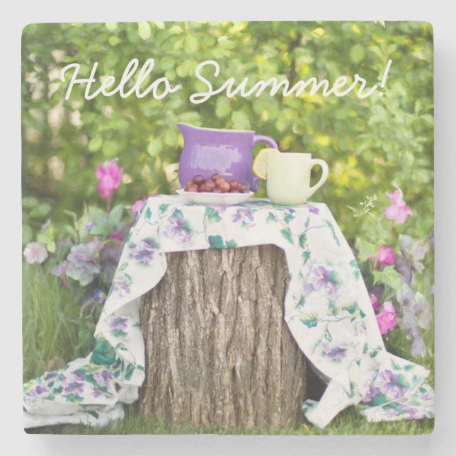 Hallo Sommer Tee und Pflaumen im Garten Steinuntersetzer (Vorderseite)