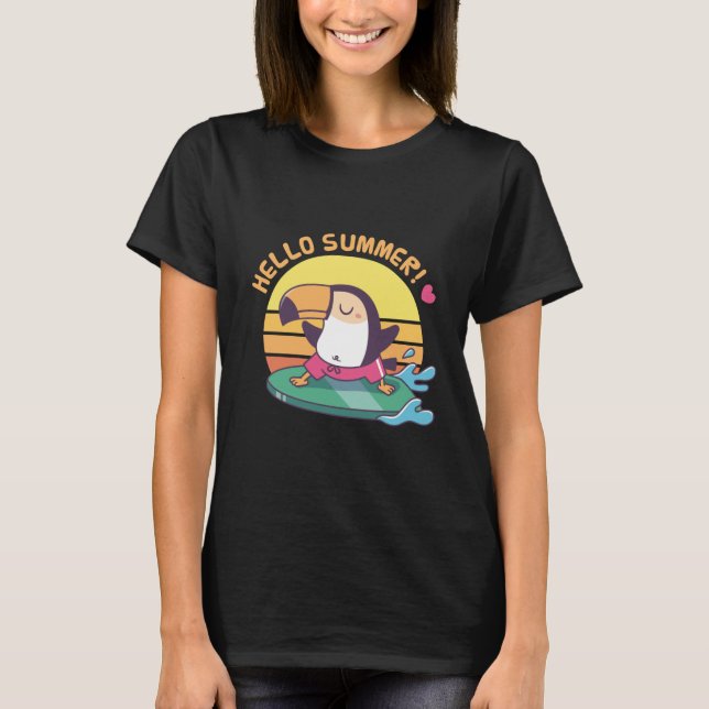 Hallo Sommer, Toucan auf Surfboard T-Shirt (Vorderseite)