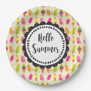 Hallo Sommer Typografie Popsicles und Ice Creme Pappteller