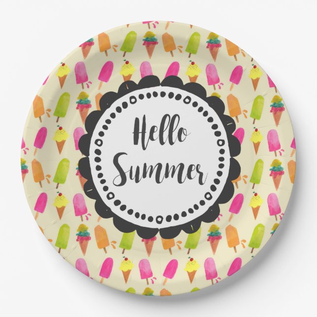 Hallo Sommer Typografie Popsicles und Ice Creme Pappteller (Vorderseite)