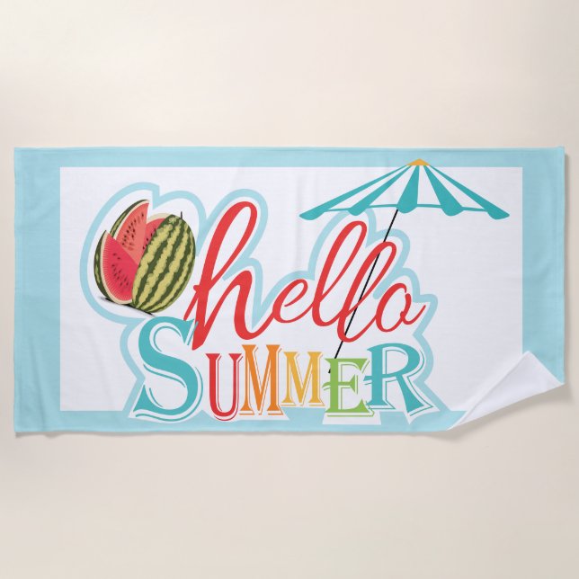 Hallo Summer Quote Beach Umbrella Watermelon Blue Strandtuch (Vorderseite)