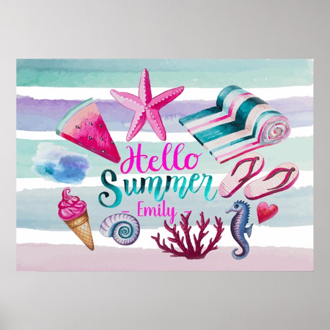 Hallo Summer Watercolor Monogram Beach Streifen Poster (Vorne)