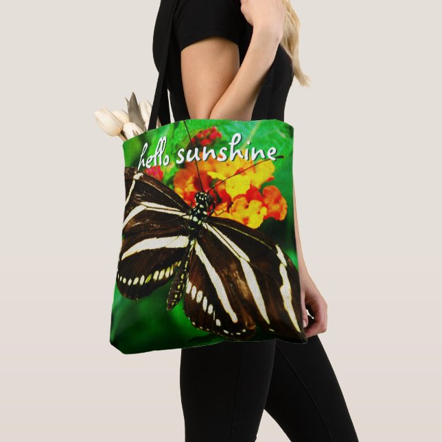 Hallo Sunshine Schwarz-weiß Stripes Butterfly Foto Tasche (Von Nahem)