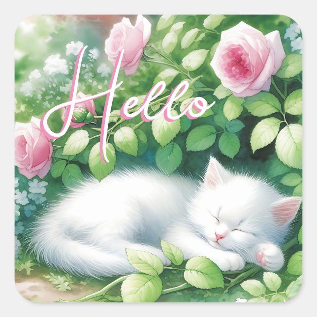 Hallo  | Sweet White Kitten Napping Quadratischer Aufkleber (Vorderseite)