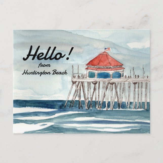 Hallo von Huntington Beach Pier Ocean Waves Postkarte (Vorderseite)