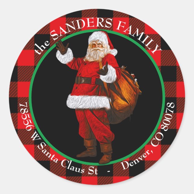 Hallo von Santa Buffalo Karierte Rücksendeadresse Runder Aufkleber (Vorderseite)