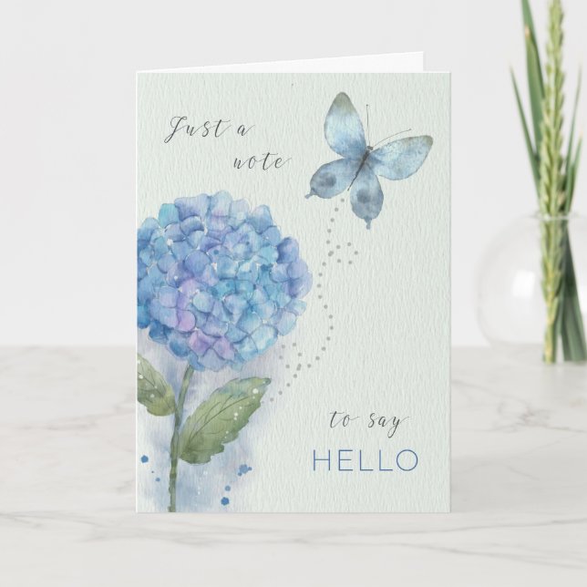 Hallo Watercolor Blue Hydrangea und Butterfly Karte (Vorderseite)