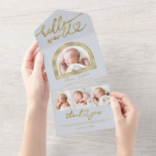 Hallo Welt Chic Arch Rahmen Geburtsanzeige All In One Einladung