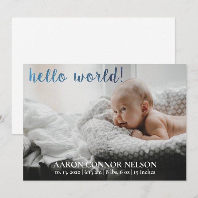Hallo Welt! Geburtsankündigung von Baby Boy Einladung (Vorne/Hinten)