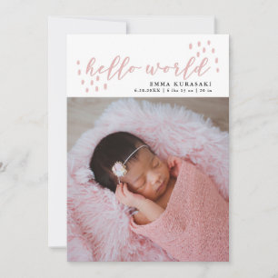 Hallo Welt   Pinke Punkte Baby Foto Geburt Ankündigung