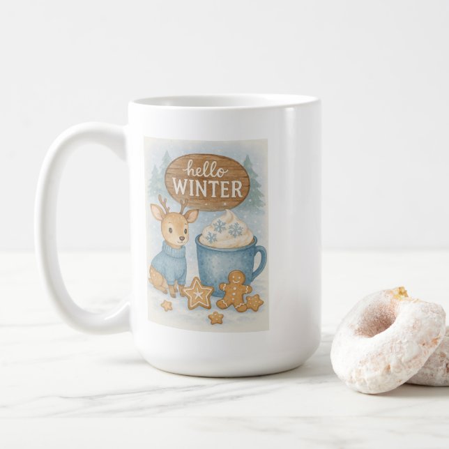 Hallo Winter.Cosy Reindeer, Hot Cocoa, Gingerbret Kaffeetasse (Mit Donut)