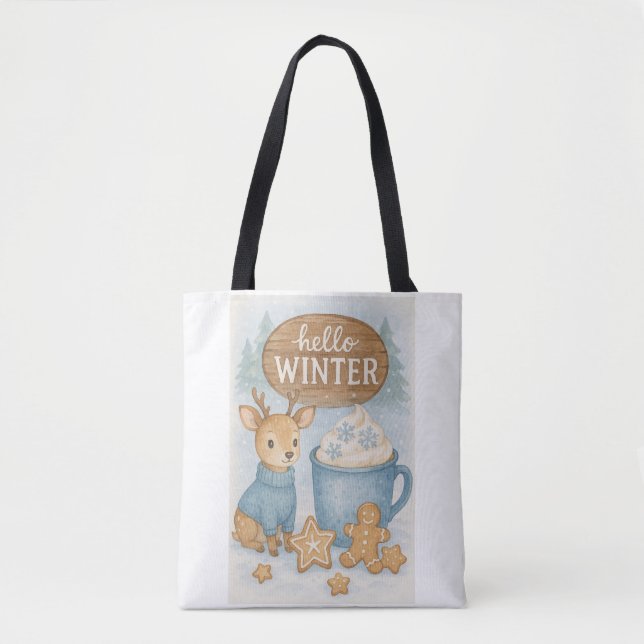 Hallo Winter.Cosy Reindeer, Hot Cocoa, Gingerbret Tasche (Vorderseite)