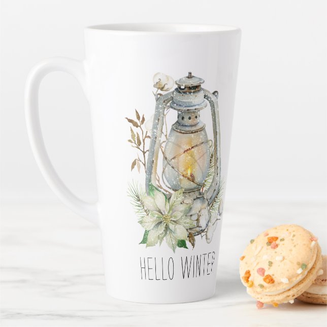 Hallo Winter Wasserfarbe Glühen Lantern Schnee Milchtasse (Beispiel)