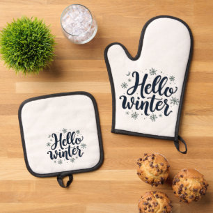 Hallo Winter Weihnachten Schneeflocken Wintersaiso Ofenhandschuh & Topflappen-Set