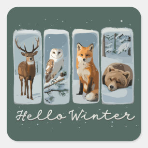 Hallo Wintertiere Hirsch Eule Fuchs Bär Gemütliche Quadratischer Aufkleber