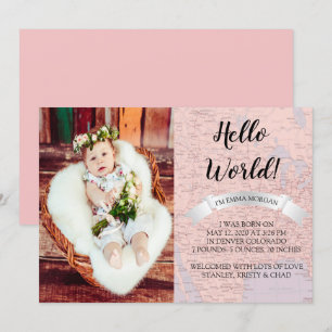 Hallo World Baby Pink Weltkarte Geburtsankündigung Einladung