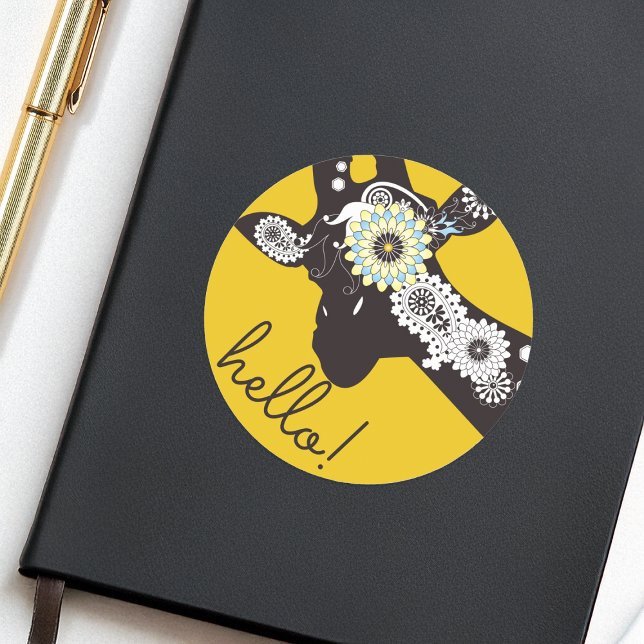 Hallo ! - Yellow Funky Cool Paisley Giraffe Runder Aufkleber (Von Creator hochgeladen)