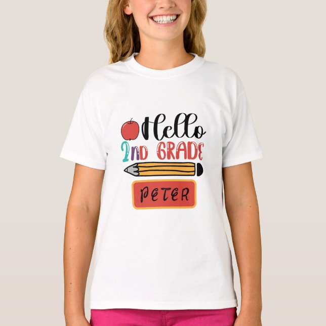 Hallo Zweite Klasse Personalisiert zurück zum Schu T-Shirt (Vorderseite)