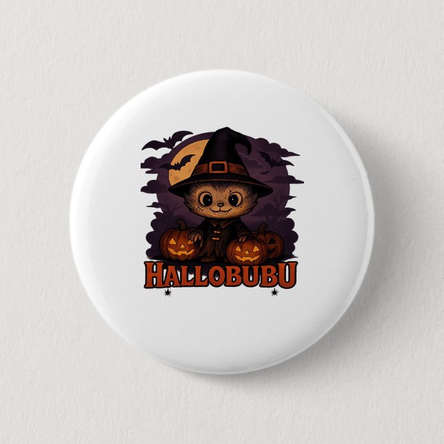 Hallobubu Halloween Niedlich & Spooky Witch Cat T- Button (Vorderseite)
