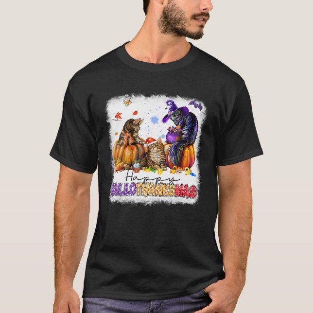 Hallothanksmas Cats Pumpkin Halloween Erntedank T-Shirt (Vorderseite)