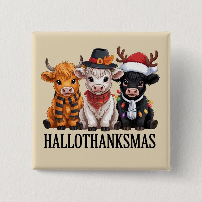 Hallothanksmas Fall Kuh Spooky Season Bauer Xmas Button (Vorderseite)