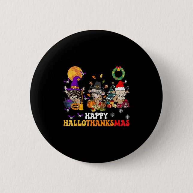 Hallothanksmas Highland-Rind Halloween Weihnachten Button (Vorderseite)