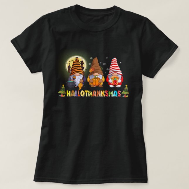 Hallothanksmas Niedliche Gnomes fallen Halloween T-Shirt (Design vorne)