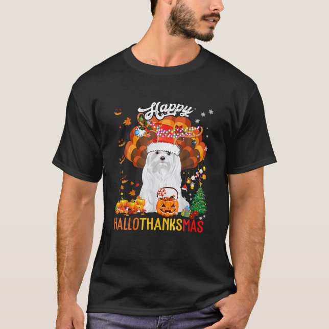 Hallothanksmas Santa Turkey Pumpkin Maltese Dog T-Shirt (Vorderseite)