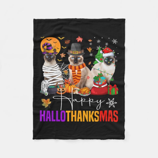 Hallothanksmas Siamese Cat Halloween Erntedank Fleecedecke (Vorderseite)