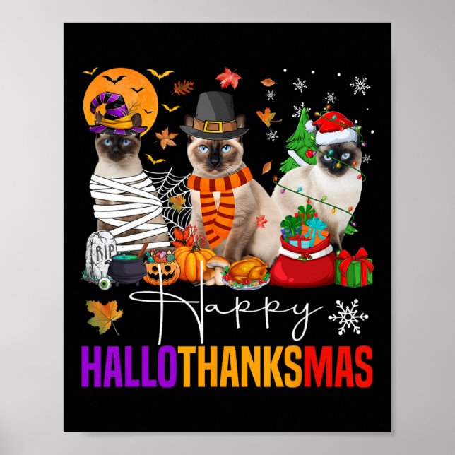 Hallothanksmas Siamese Cat Halloween Erntedank Poster (Vorne)