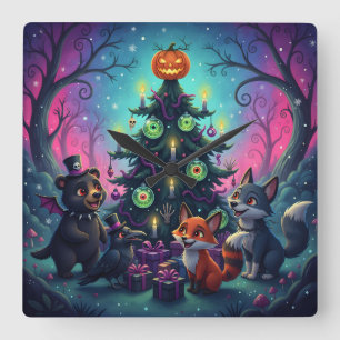 Hallow Xmas Tree Szene Quadratische Wanduhr
