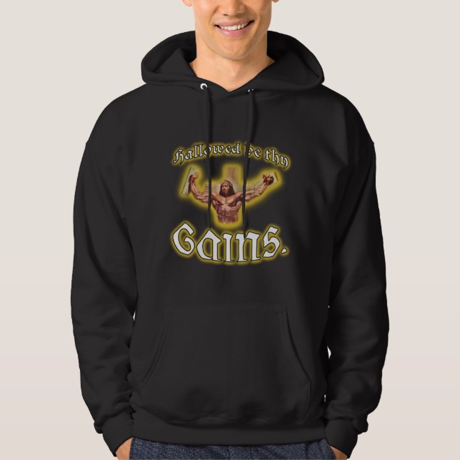 "Hallowed ist thy Gewinn-" Muskel-Jesus schwarzer Hoodie (Vorderseite)