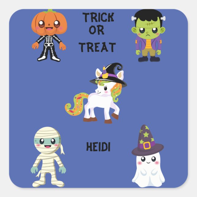 HALLOWEE "TRICK ODER BEHANDLUNGSSTICKER PERSONALIS QUADRATISCHER AUFKLEBER (Vorderseite)
