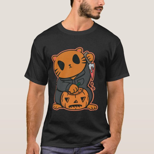 halloweeen cat pumkin knife T-Shirt (Vorderseite)