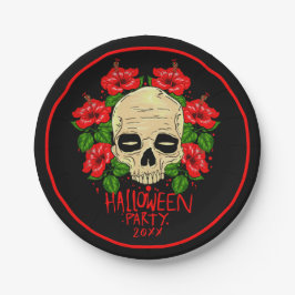 Halloween 20xx Skull Red Hibiskus Black 7" Pappteller