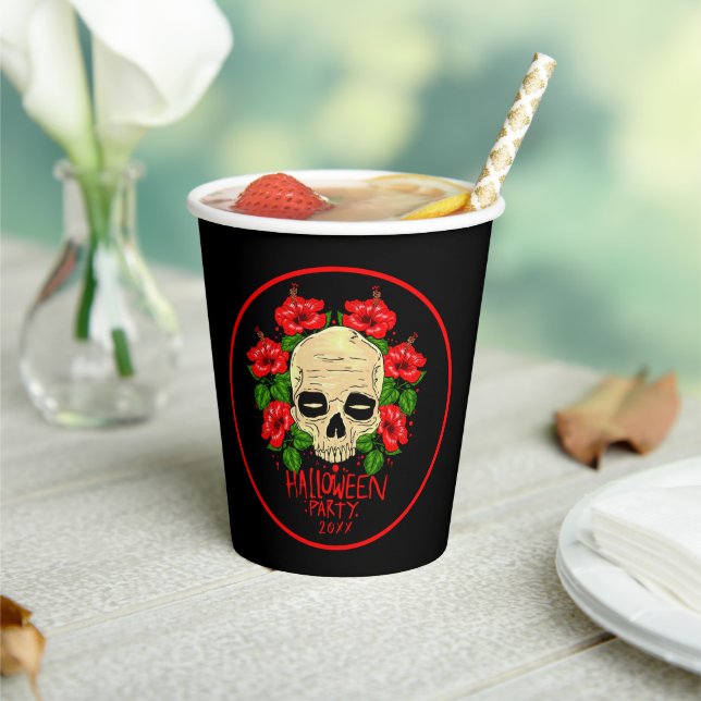 Halloween 20xx Skull Red Hibiskus Black Pappbecher (In Situ)