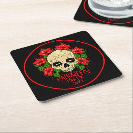 Halloween 20xx Skull Red Hibiskus Black Rechteckiger Pappuntersetzer
