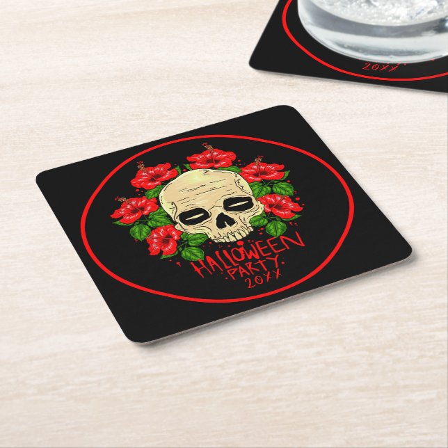 Halloween 20xx Skull Red Hibiskus Black Rechteckiger Pappuntersetzer (angewinkelt)