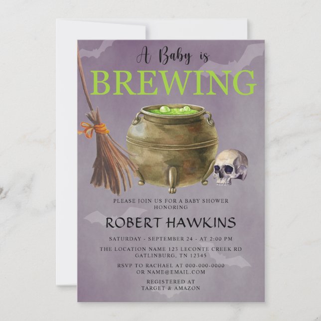 Halloween A Baby Brewing Baby Shower Einladung (Vorderseite)