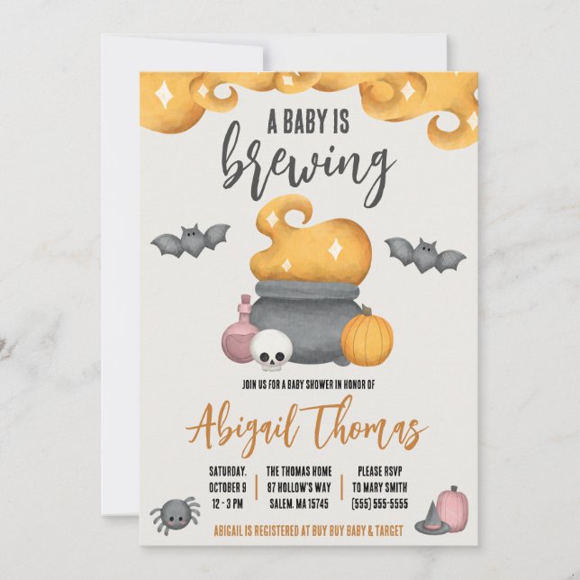 Halloween A Baby Brewing Baby Shower Einladung (Vorderseite)