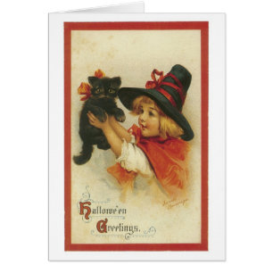 Halloween à l'ancienne, sorcière fille avec chat n