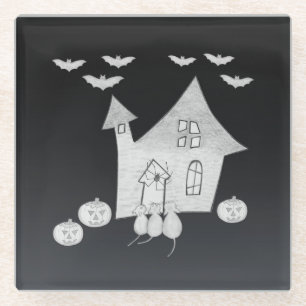 Halloween-Abend mit Spuk Haus, Fledermäusen, Kürbi Glasuntersetzer